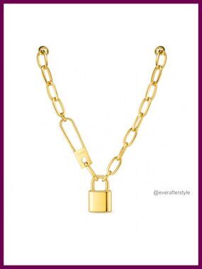 18k Gold Plated Love Lock Pendant Necklace, Paperclip Chain, Adjustable, Non